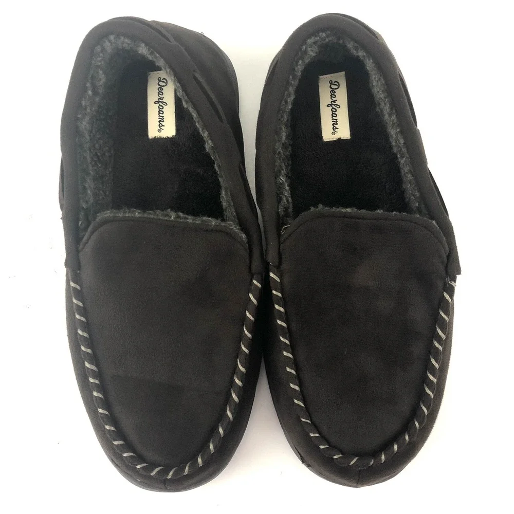 Dearfoams Slippers Men's Size 9-10 W Medium Wide Brown Memory Foam Moccasins EUC